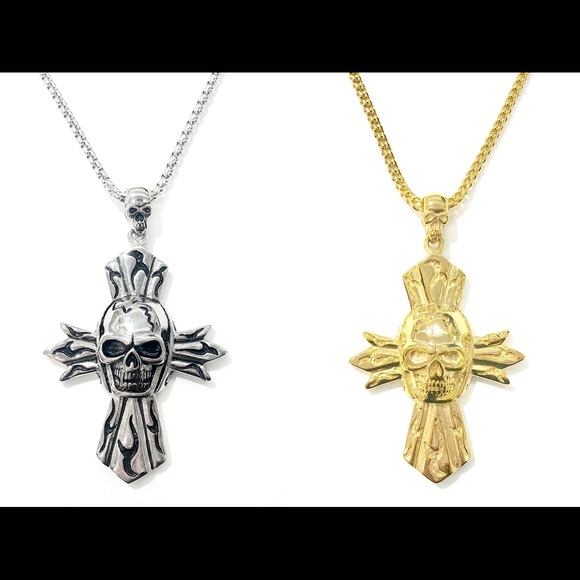 Stainless Steel BIKER PUNK SKULL CROSS NECKLACE - Picture 1 of 8